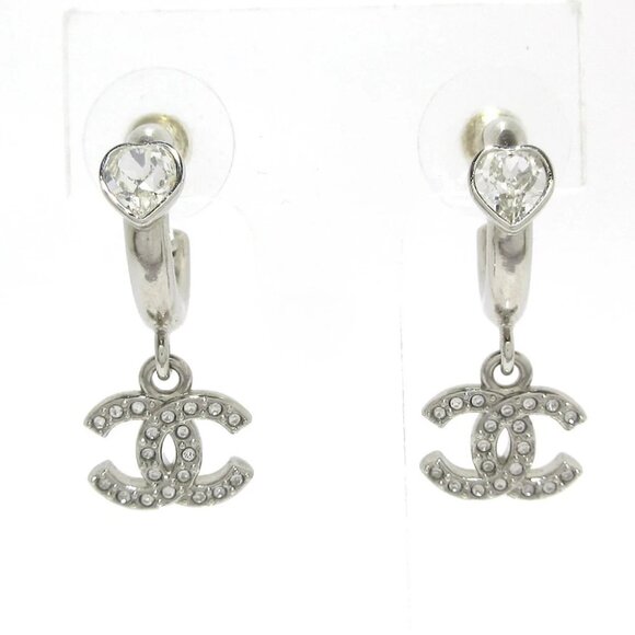 Auth CHANEL - Silver Clear Rhinestones Earrings - Picture 1 of 7